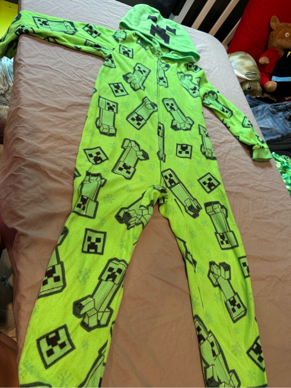 Kids Green Creeper Minecraft One-Piece Hooded Pajamas